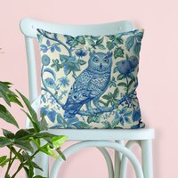 Owl Pillow Cover, beautiful owl illustration on William Morris style florals, handmade cushion cover