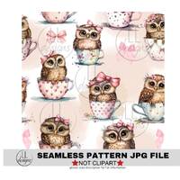 Pink Bow Owl Tea Cups JPG Seamless Pattern, Digital Paper,Digital,Paper,Seamless,Background,Design,P