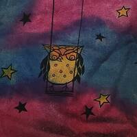 Owl swings on a crescent moon, catches a fallen star and puts it in his messenger bag, man's lar