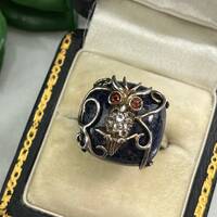 Sterling Silver Owl Ring – Lapis & CZ Statement Ring – Vintage Size 8