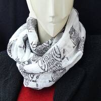 EVELYN K. Large Charcoal Grey & White Owl Print Infinity Scarf, Vintage 2000s