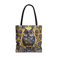 Artistic Owl Floral Tote Bag - Blue Petal Design on Golden Yellow Background - Eco-Friendly Reusable