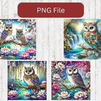 Beautiful and Bold Jeweled Owl Bundle Print PNG Sublimation Design file Lotus Bloom