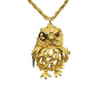 Vintage Owl Necklace Signed Lancer Large Bird Wearing a Monocle Gold Tone