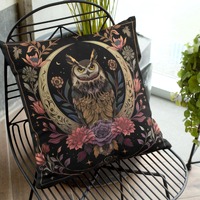Perched owl on crescent moon outdoor pillow dark cottagecore and pastel goth inspired decor charming