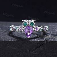 Owl Amethyst Engagement Ring Nature Inspired Pear Cut Amethyst Wedding Ring Twig Vine Green Emerald 