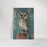 Teal Owl Canvas Wall Art, Rustic Bird Portrait