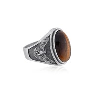 Owl With Spread Wings Tiger's Eye Gemstone Ring, 925 Sterling Silver Oxidized Signet Ring for Hi