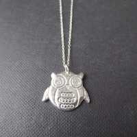 Hibou - Sterling Silver Owl Necklace Handmade Pure Silver Pendant on Sterling Silver Chain (Collier 