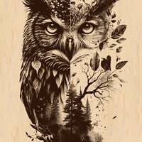 Laser Burn PNG | Owl | Bird | Engrave | Laser Ready | Digital Design File | Leaves | wildlife