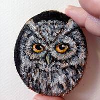 Long-eared owl in a hollow original painting on a round cut of wood with acrylic Miniature 2.3x2.3 i