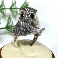 Vintage Sterling Silver Black Sapphire Eye's Owl Ring Size 8