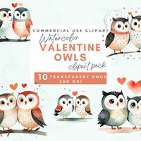 Watercolor cute Valentine Owl clipart PNG Watercolor Valentine's Day Owls Clipart, Lovely Valent