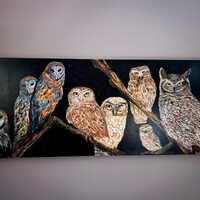 Original Owl Painting-16 X 40 Acrylic on Canvas-Nocturnal Bird Art-Wildlife Wall Decor-Handmade Natu