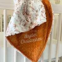 Personalized Baby Blanket, Snow Owl Rust Minky and You Choose Minky Color, Newborn Gift, Baby Shower