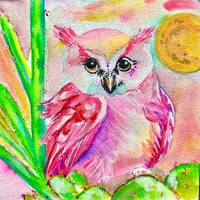 Original Watercolor Pink Owl on Cactus
