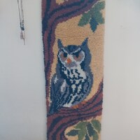 Vintage 1970's Owl Latch Hook Rug Wall Hanger 48" x 16"