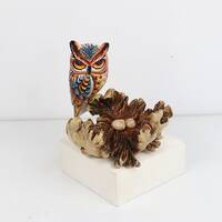 Hand-Painted Wooden Owl on Parasite Wood with Eggs – Unique Handcrafted Decor, Eco-Friendly Ar