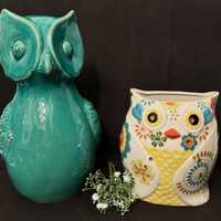 Vintage Tall Turquoise Ceramic Owl Figurine-Pier 1 Hand Painted Stoneware Owl Utensil Holder Vase Ho