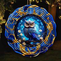 Magical Owl Wind Spinner PNG, Mystical Blue Owl Wind Spinner Sublimation Design, Vibrant Celestial O