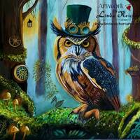 SOLD Steampunk Owl Oil Painting, Fantasy Animal Art