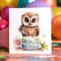 Personalised Owl Birthday Card: Watercolor Woodland Animal Greeting, Blank or Personalised Inside