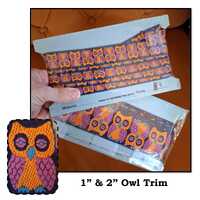 2  Packets - Vintage Embroidered Owls Trim, Navy Background with Orange Pink Owls 1" & 2&qu