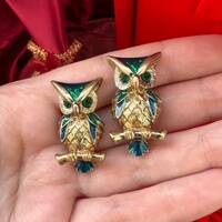 Vintage Gold Tone Cloisonne Enamel Owl Clip On Earrings