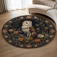 Botanical Barn Owl Round Rug: William Morris Style Cottagecore Decor