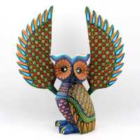 Handmade Mesmerizing Wings Green Owl Wooden Alebrije Figure, Traditional Oaxacan Art, Spirit Guardia