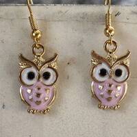 Pink Owl Earrings, Gold Plated Enamel Bird Jewellery for wildlife lovers