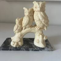 Vintage Resin Owls On Tree Branch Sculpture with Marble Base | Made In Italy | A Santini