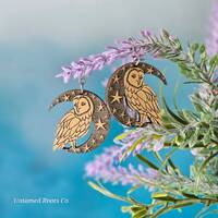 Owl & Moon Earrings, Engraved Wood and Hypoallergenic Stainless Steel Dangle Jewelry for Sensiti