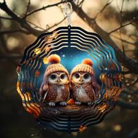 Cute Winter Owls Wind Spinner PNG Sublimation Design Template, Owl Lovers Gift, Digital Download