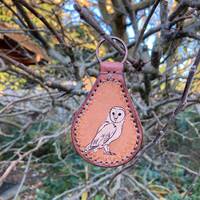 Barn Owl Leather Key Fob Handmade: Stitched Wildlife Keychain