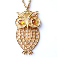 Vintage Articulated Owl Pendant: Gold Tone, Golden Eyes