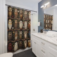 Shower Curtain Boho Cute Owl Bathroom Decor, Dark Cottagecore Art, Woodland Animals Bathroom Curtain