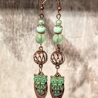 Green Owl Earrings, Antique Copper & Verdigris Brass Earrings, Woodland Forest Creature Earrings