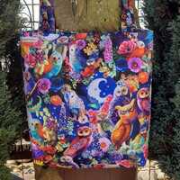 Wise Owl shopper bag. Bird of Prey, moonlight magic, and wildflowers.
