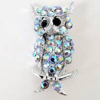 Vintage owl brooch bird figural pin with AB rhinestones and black eyes in silver tone setting