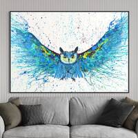 Blue Owl Original Artwork Print on Canvas - Power in Aviation Painting for Bird Lovers Colorful Livi