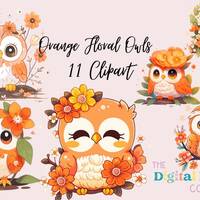 Cute Orange Owl Clipart Bundle PNG, Junk Journal Art, Scrapbook Decoration, Sublimation PNG, Digital