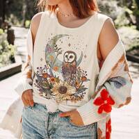 Comfort Colors Owl Tank Top, Floral Cottage Core, Mystical Moon, Woman's Retro Oversized Top, Bi
