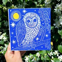 Owl Christmas Linocut Card, Blue Owl Linocut Print Card, Owl Linoprint, Hand Printed, Kat Lendacka, 