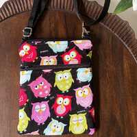 Small Crossbody Bag, Colorful Sleepy Owls, Purse, Black, Zipper Crossbody Bag, Cellphone Bag
