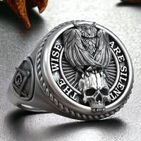 Owl Skull Mason Square Compass Signet 925 Sterling Silver Ring Adjustable Unique Design Handmade Mas