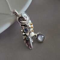 925 Sterling Silver Owl Pendant - Natural Moonstone jewelry - Gift for her -  Cute owl pendant - bir