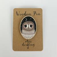 Tawny Owl Wooden Pin Badge 40mm brooch - with moon and stars