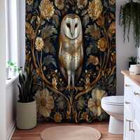 Vintage Barn Owl Shower Curtain | Art Deco Style Shower Curtain | Cottagecore Bathroom Decor