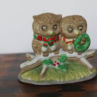 Vintage Christmas Owl Figurine. Cute Ceramic Owl Couple, Cuddling On Branch, Enesco, Grandmacore Ent